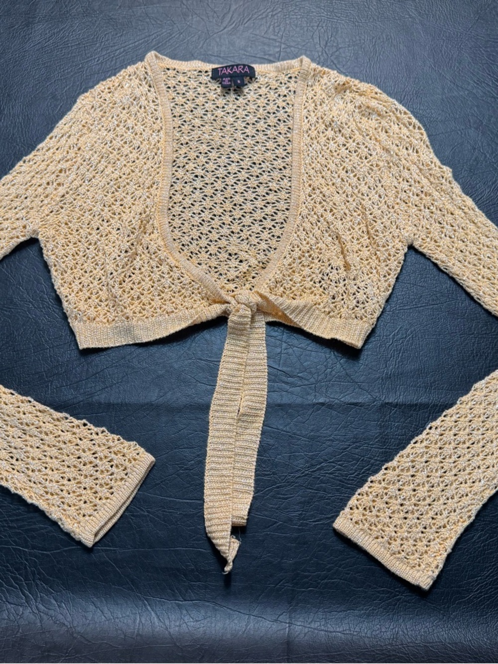 Takara Peach Crochet Tie Front Shrug Y2K Metallic Knit Bolero Small Festival